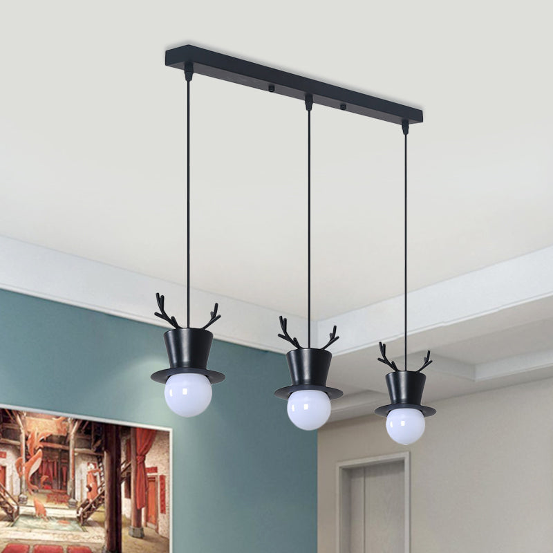 Black Tall Hat Cluster Ciondolo Style Nordic Style 3 Bulbs Light Appedful Assicatore con arredamento della corna, tettoia rotonda/lineare