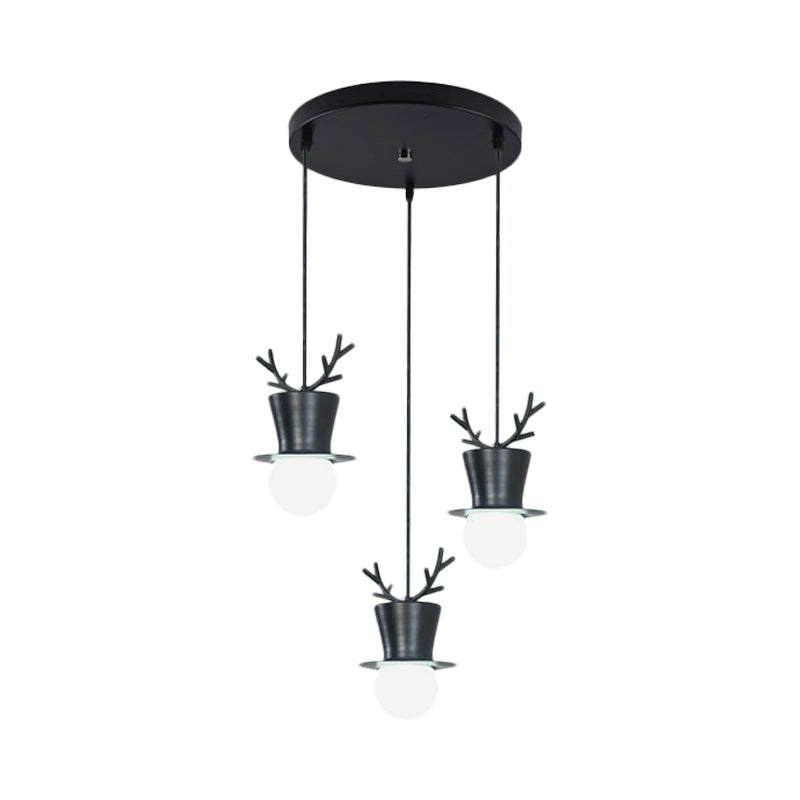 Black Tall Hat Cluster Ciondolo Style Nordic Style 3 Bulbs Light Appedful Assicatore con arredamento della corna, tettoia rotonda/lineare