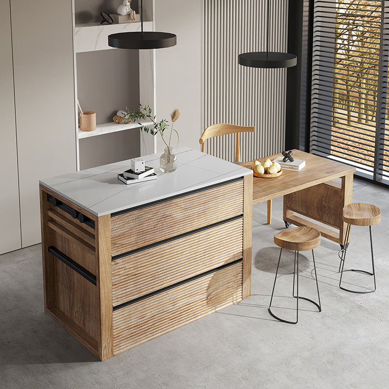 Modern White Stone Rectangular Kitchen Island Table with 6 Drawers