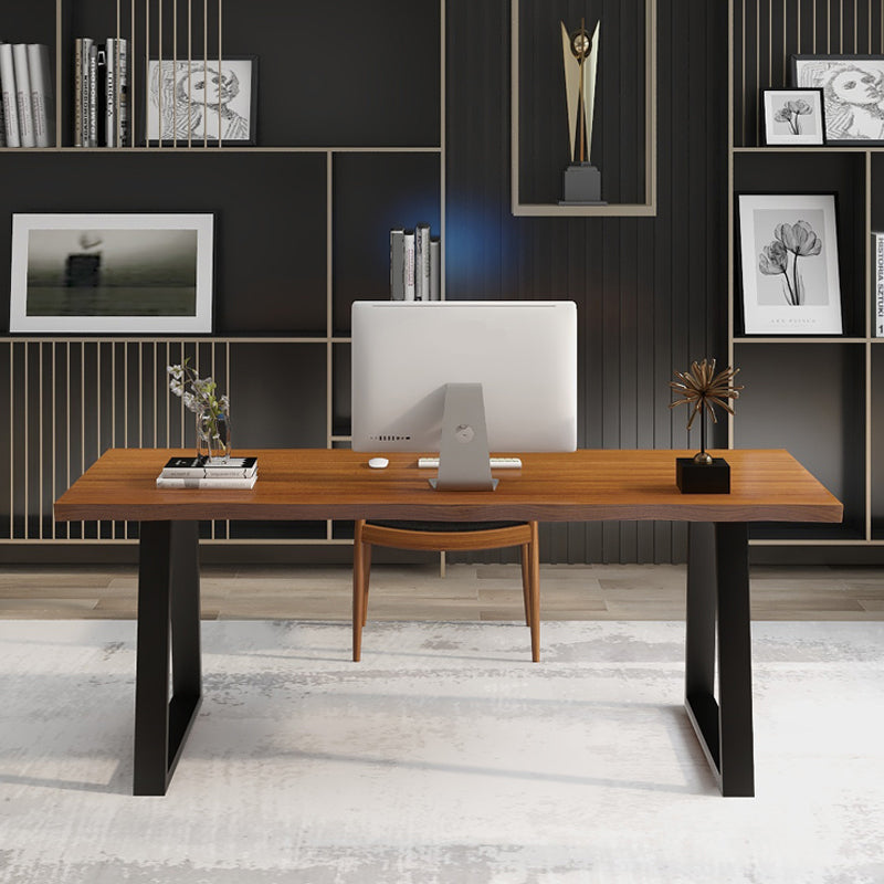 Rectangular Shaped Brown Office Desk with Black Legs for Office