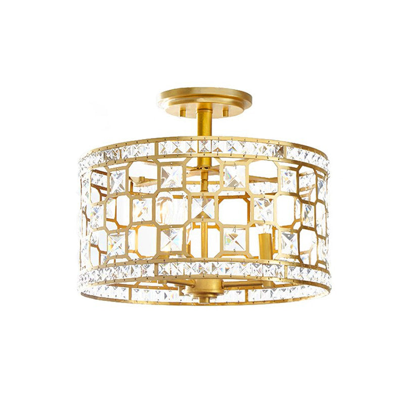 Vintage Hollowed Out Drum Semi Flush 3/4 Heads Crystal Embedded Flush Mount Ceiling Light Fixture in Gold