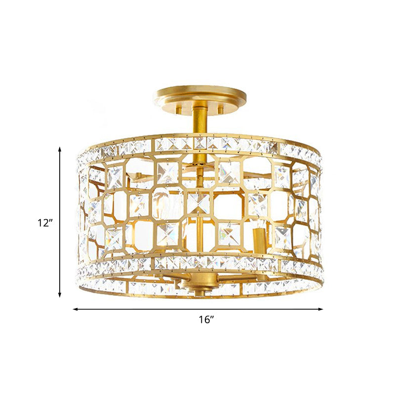 Vintage Hollowed Out Drum Semi Flush 3/4 Heads Crystal Embedded Flush Mount Ceiling Light Fixture in Gold