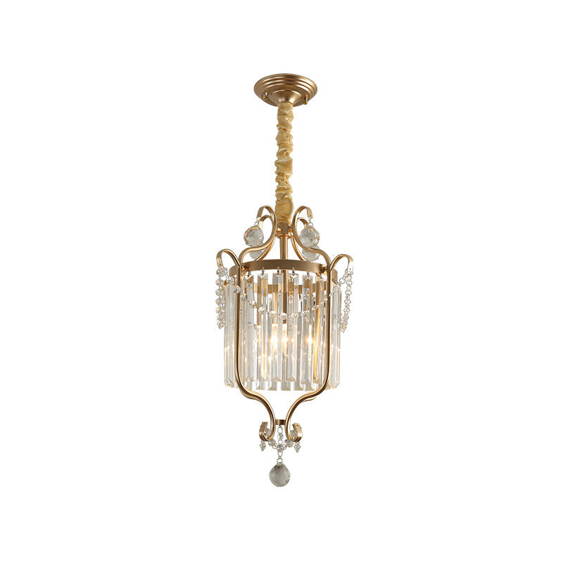 Cylindrical K9 Strip Crystal Hanging Lamp Country Style 1 Head Dining Room Down Lighting Pendant in Gold