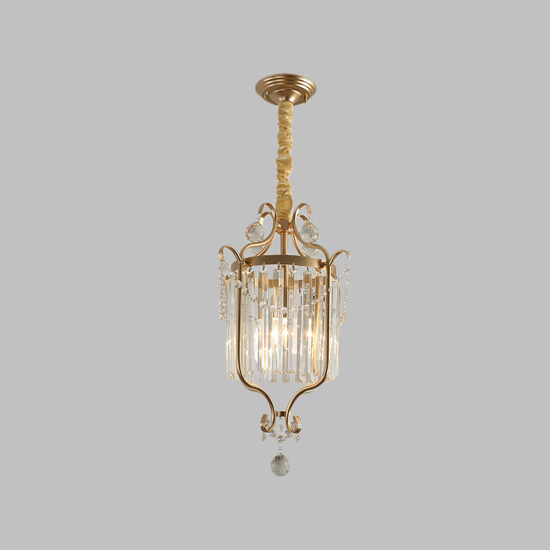 Cylindrical K9 Strip Crystal Hanging Lamp Country Style 1 Head Dining Room Down Lighting Pendant in Gold