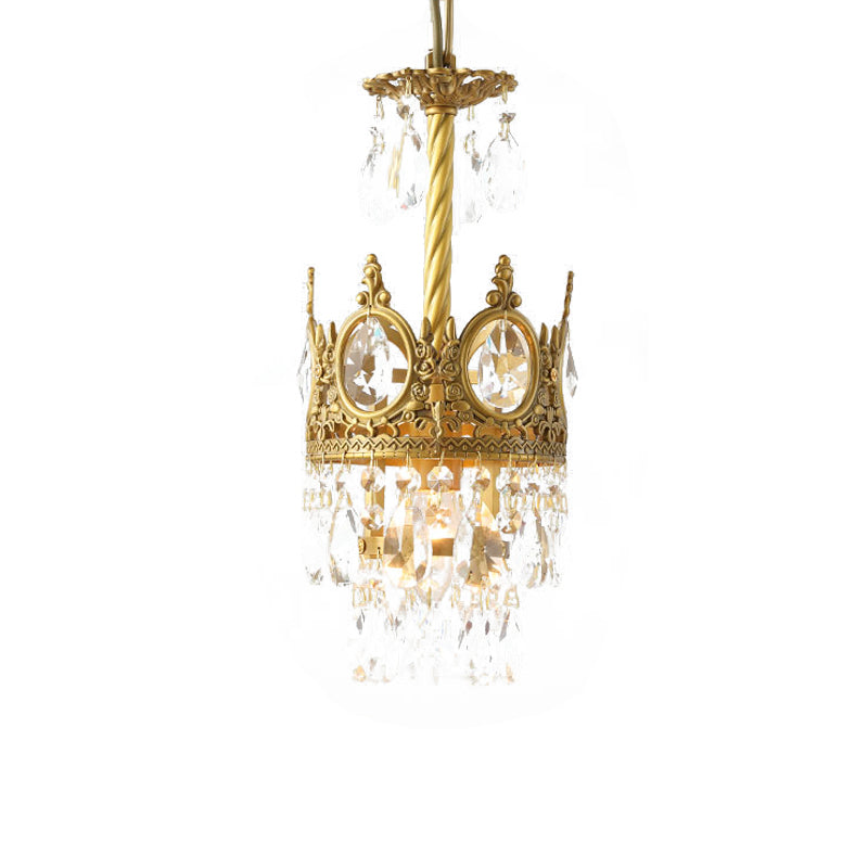 1 Bulb Faceted Crystal Droplet Pendant Vintage Gold Crown Living Room Ceiling Hanging Light