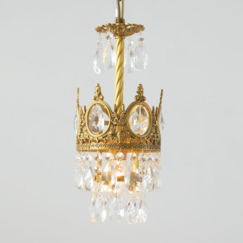 1 Bulb Faceted Crystal Droplet Pendant Vintage Gold Crown Living Room Ceiling Hanging Light