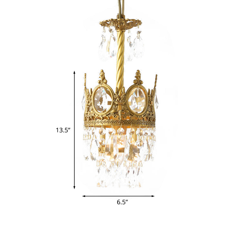 1 Bulb Faceted Crystal Droplet Pendant Vintage Gold Crown Living Room Ceiling Hanging Light