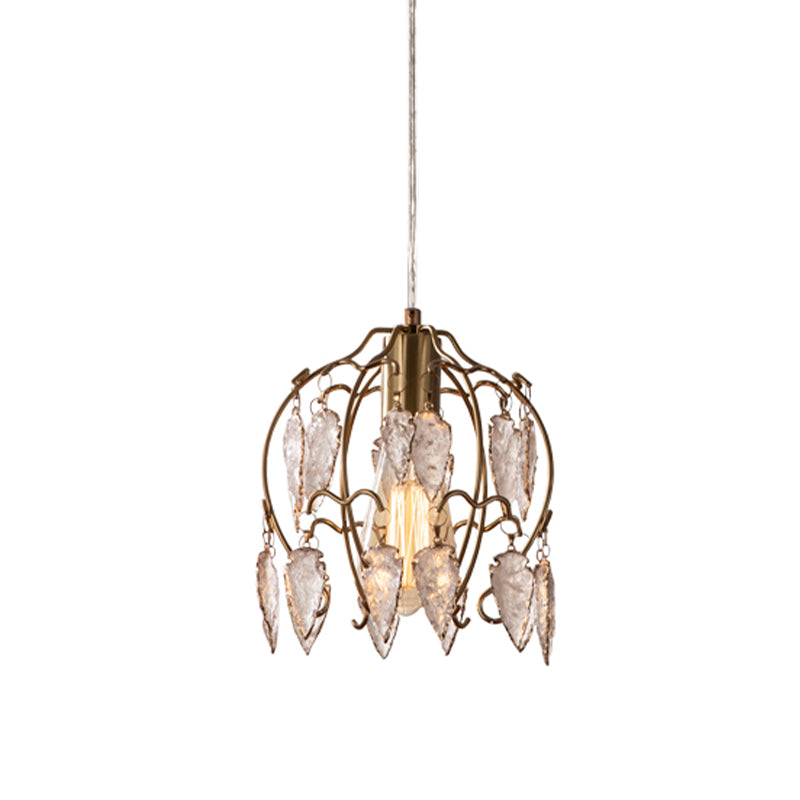 Crystal Flowerbud Pendulum Light Vintage Single Bedside Suspension Pendant in Antiqued Brass