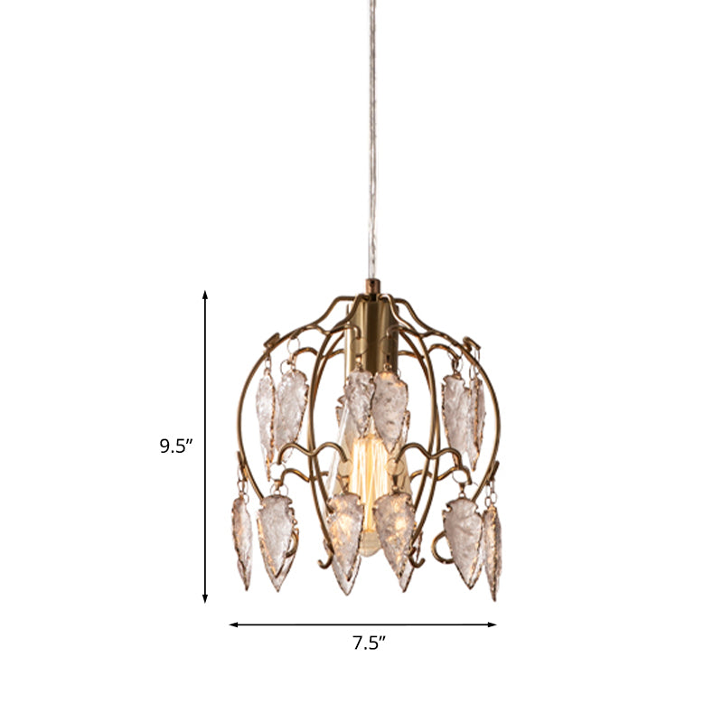 Crystal Flowerbud Pendulum Light Vintage Single Bedside Suspension Pendant in Antiqued Brass