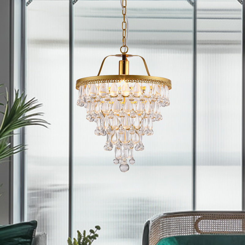 Conical Crystal Teardrop LED Pendant Contemporary Dining Table Suspension Lighting with Gold Trim