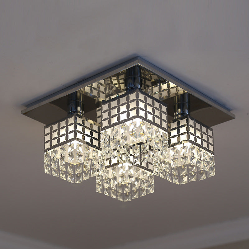 8 Heads Semi Flush Mount Contemporary Square Clear Crystal Ceiling Mounted Fixture in Silver