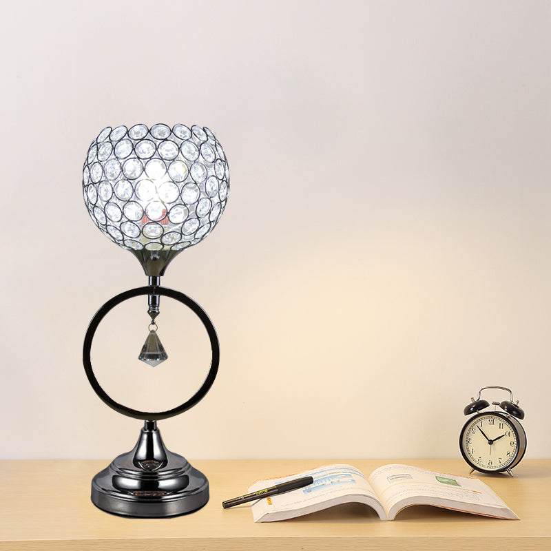 Silver Dome Hollowed Out Table Lamp Modern Crystal 1-Light Bedside Nightstand Light with Ring Base