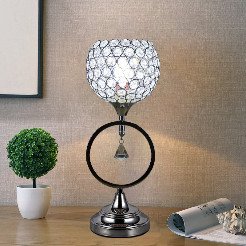 Silver Dome Hollowed Out Table Lamp Modern Crystal 1-Light Bedside Nightstand Light with Ring Base