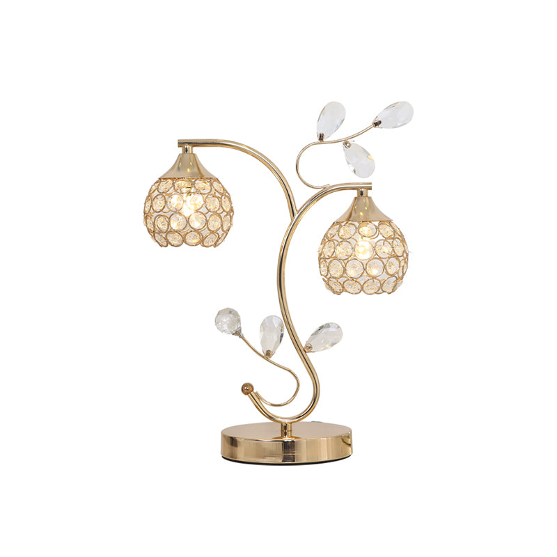 Modernist Flower Vine Table Light 2 Heads Crystal Encrusted Night Stand Lamp with Dome Shade in Gold