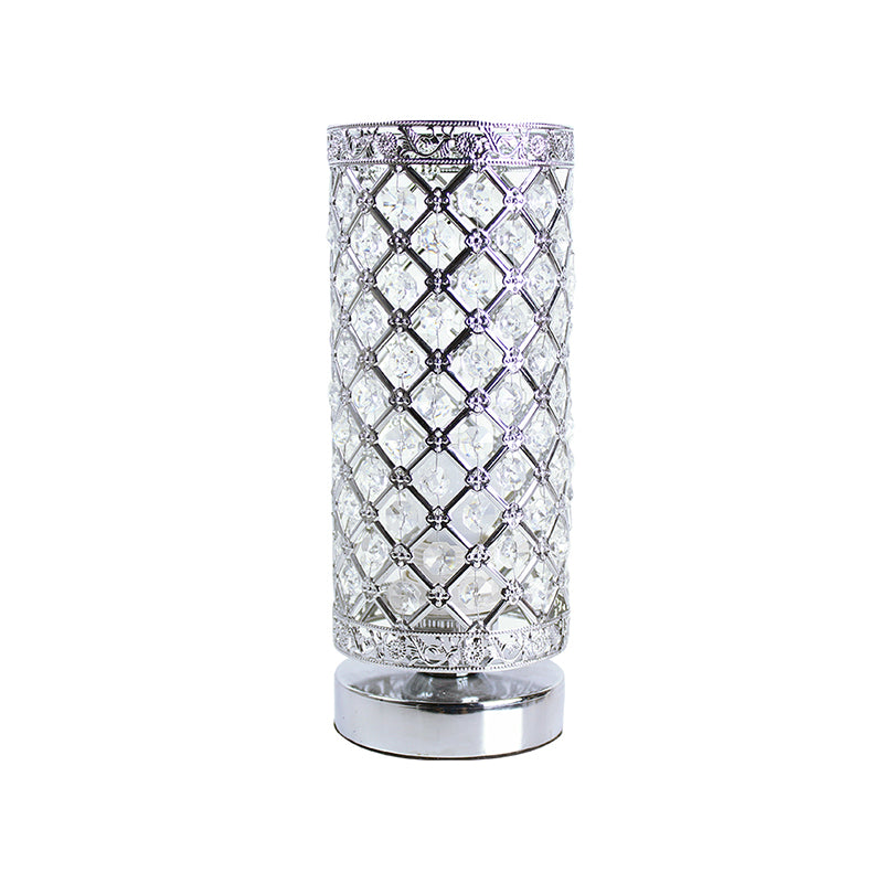 Crystal Polished Silver Table Lamp Trellis Cylindrical Single Bulb Modern Stylish Nightstand Light