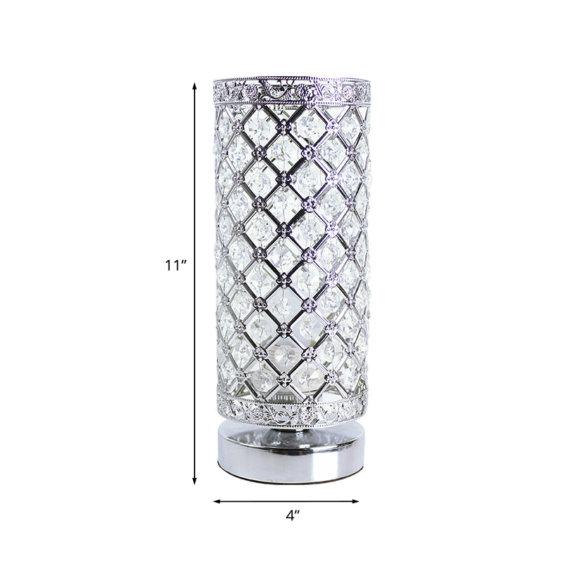 Crystal Polished Silver Table Lamp Trellis Cylindrical Single Bulb Modern Stylish Nightstand Light