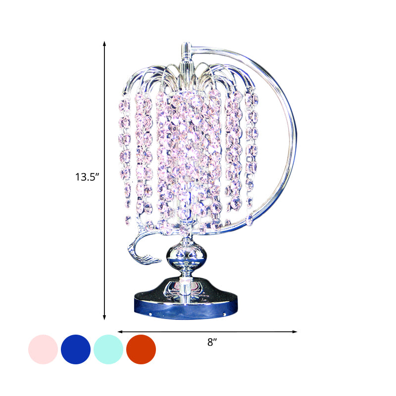 1-Head Drooping Tassel Night Light Retro Pink/Yellow/Blue Crystal Table Lighting with Polished Chrome C Arm