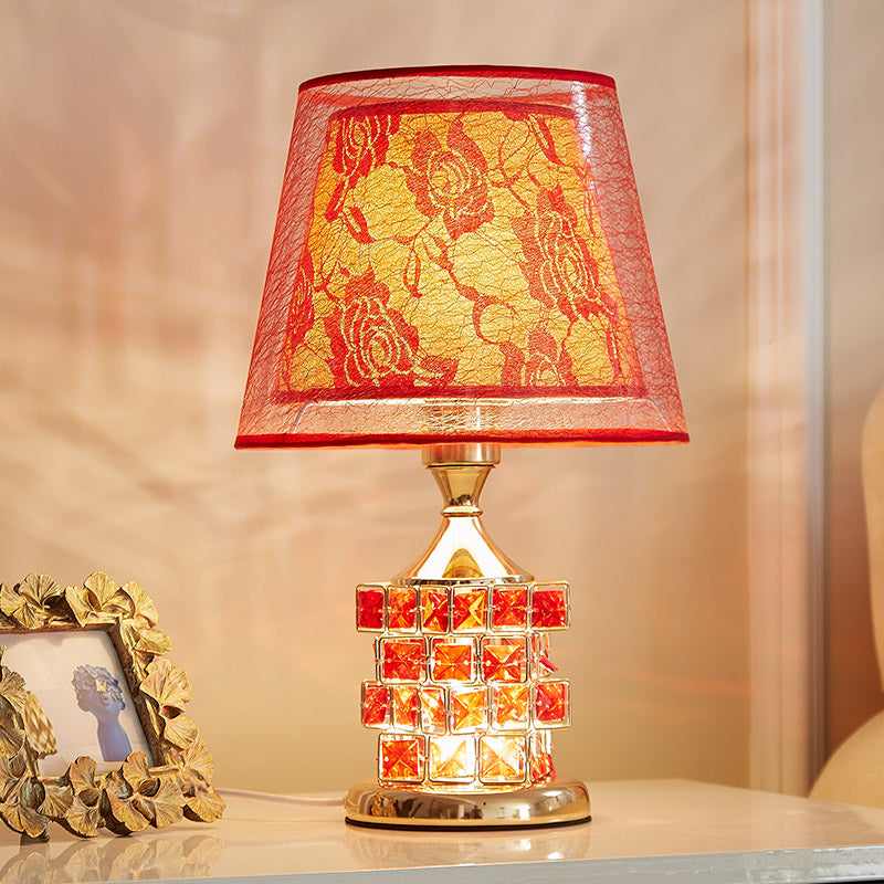 1 Head Rose Printed Fabric Table Lamp Vintage Romantic Red/Gold Dual Cone Shade Night Light with Cube Crystal Base