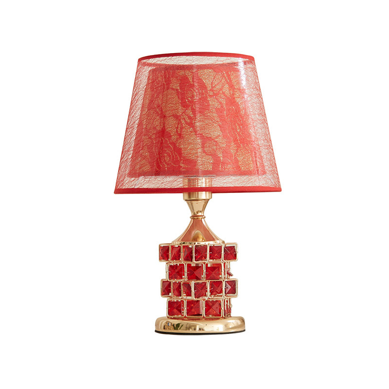 1 Head Rose Printed Fabric Table Lamp Vintage Romantic Red/Gold Dual Cone Shade Night Light with Cube Crystal Base