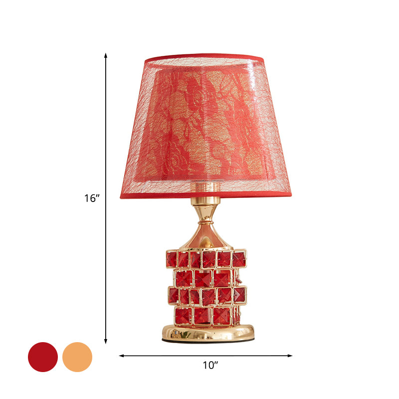 1 Head Rose Printed Fabric Table Lamp Vintage Romantic Red/Gold Dual Cone Shade Night Light with Cube Crystal Base