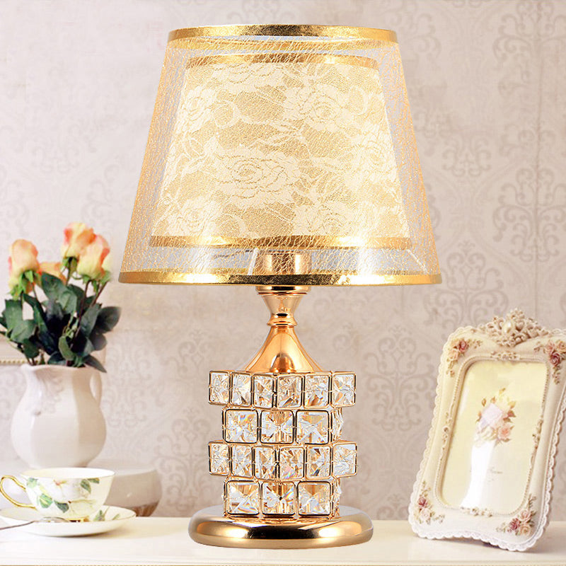 1 Head Rose Printed Fabric Table Lamp Vintage Romantic Red/Gold Dual Cone Shade Night Light with Cube Crystal Base