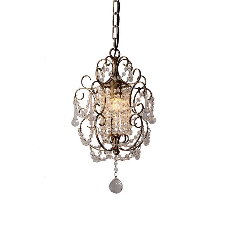 Gold/Bronze 1 Light Pendant Lighting Retro Crystal Beaded Scroll Arm Hanging Lamp Kit for Hall