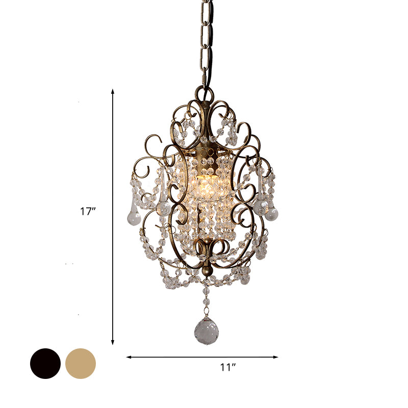 Gold/Bronze 1 Light Pendant Lighting Retro Crystal Beaded Scroll Arm Hanging Lamp Kit for Hall