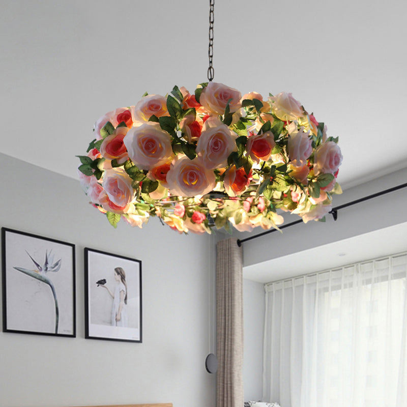 Schwarzer Sputnik Anhänger Kronleuchter Industrial Metal 5 Köpfe Wohnzimmer Hängende Lichtstoffe mit rosa Blumen -Deco