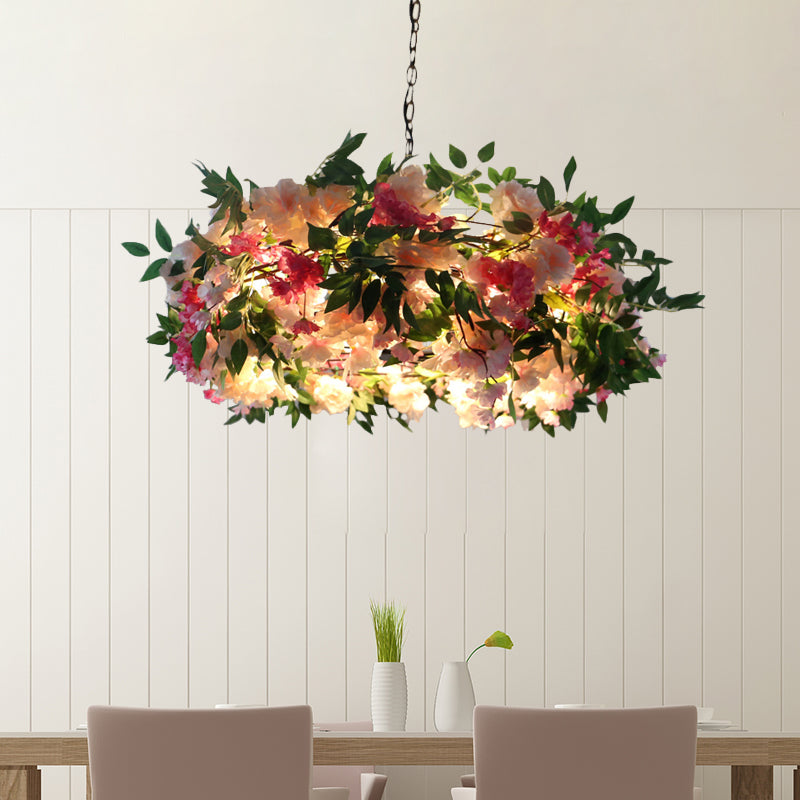 Schwarzer Sputnik Anhänger Kronleuchter Industrial Metal 5 Köpfe Wohnzimmer Hängende Lichtstoffe mit rosa Blumen -Deco