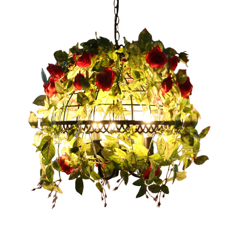 Dome Cage Dining Room Chandelier Factory Metal 3-Light Red/Pink Drop Pendant with Fake Blossom Deco