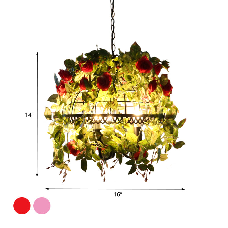 Dome Cage Dining Room Chandelier Factory Metal 3-Light Red/Pink Drop Pendant with Fake Blossom Deco