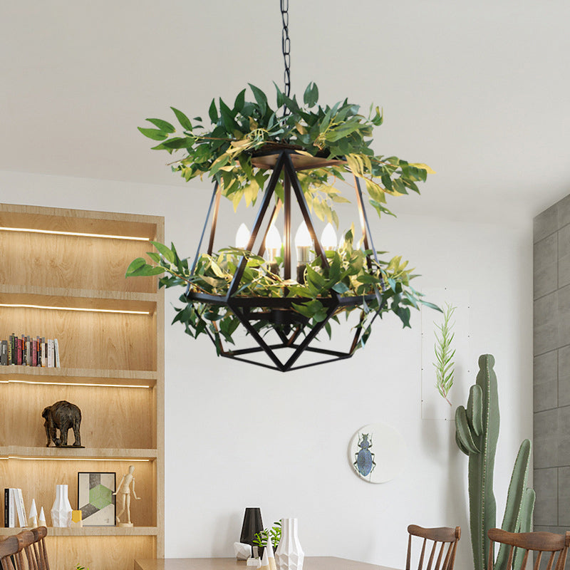 4-Bulb Metal Chandelier Pendant Light Antiqued Style Black Prism Cage Dining Room Suspension Lamp with Plant Deco