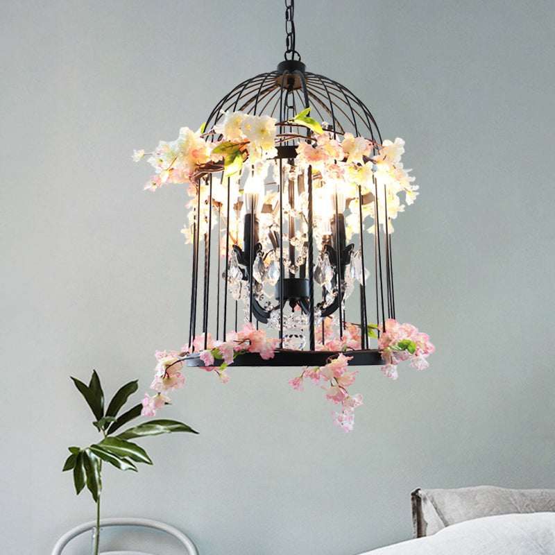 Black 4 Lights Chandelier Light Farmhouse Metallic Birdcage Pendant Lamp with Pink Flower/Green Plant Deco
