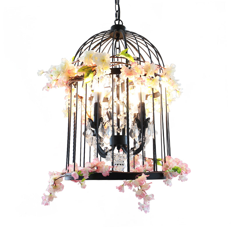 Black 4 Lights Chandelier Light Farmhouse Metallic Birdcage Pendant Lamp with Pink Flower/Green Plant Deco