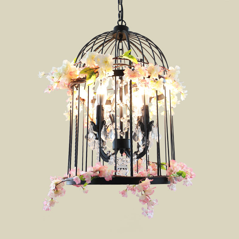 Black 4 Lights Chandelier Light Farmhouse Metallic Birdcage Pendant Lamp with Pink Flower/Green Plant Deco