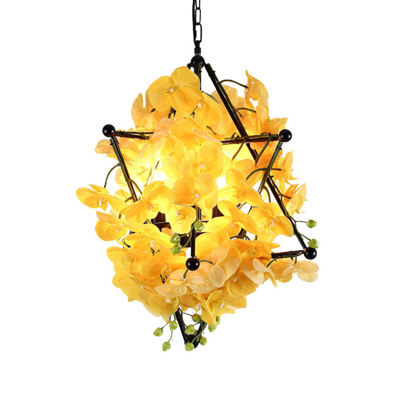 Metal Star Frame Chandelier Lamp Retro Style 4 Lights Restaurant Suspension Pendant with Yellow/Rose Red Floral