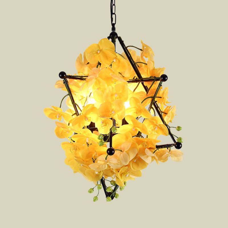 Metal Star Frame Chandelier Lamp Retro Style 4 Lights Restaurant Suspension Pendant with Yellow/Rose Red Floral