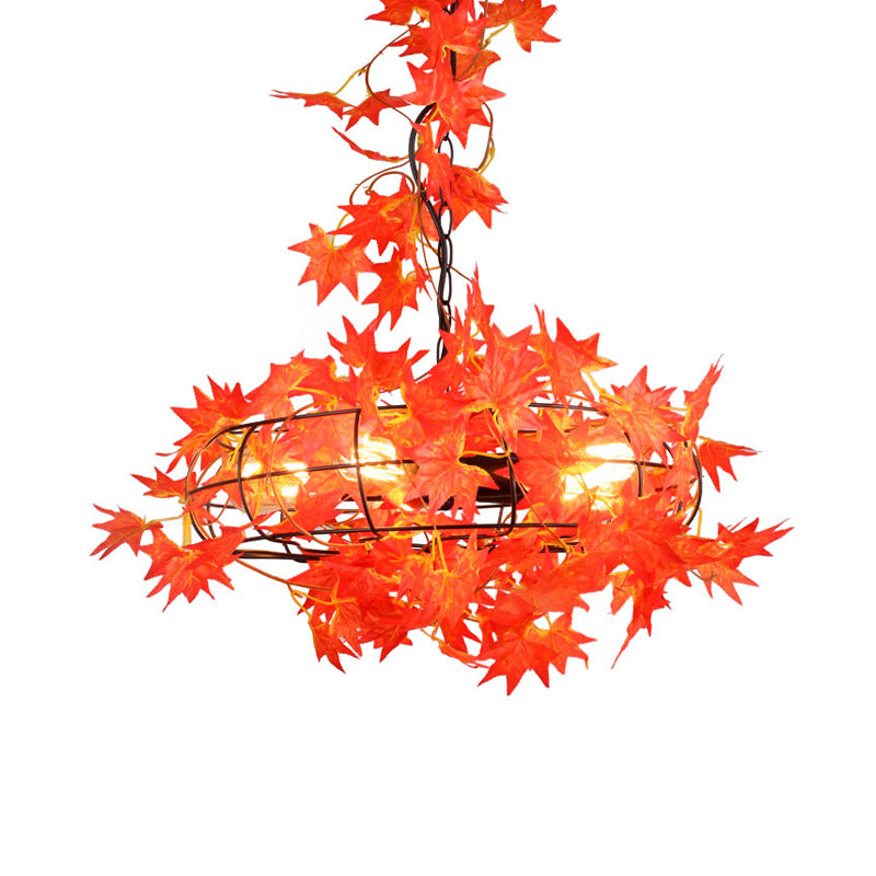5 Lights Ceiling Chandelier Farmhouse Fan Cage Iron Drop Pendant with Orange and Red Maple Leaf/Red Rose Deco
