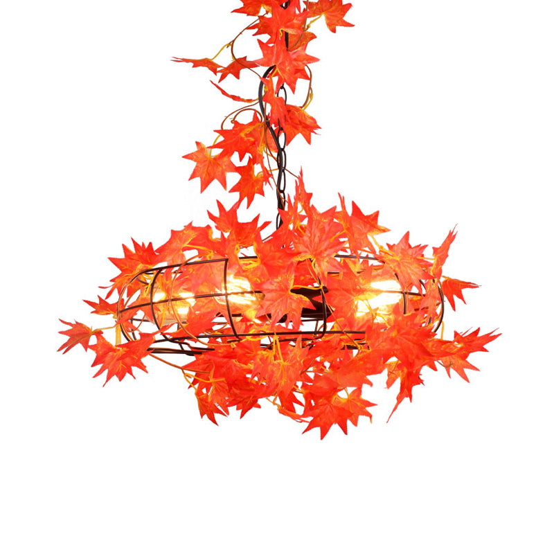 5 lumières Plafond Chandelier Farmhouse Cage Fan Pendante Iron Drop Pendante avec feuille d'orange et rouge / rose rouge Déco