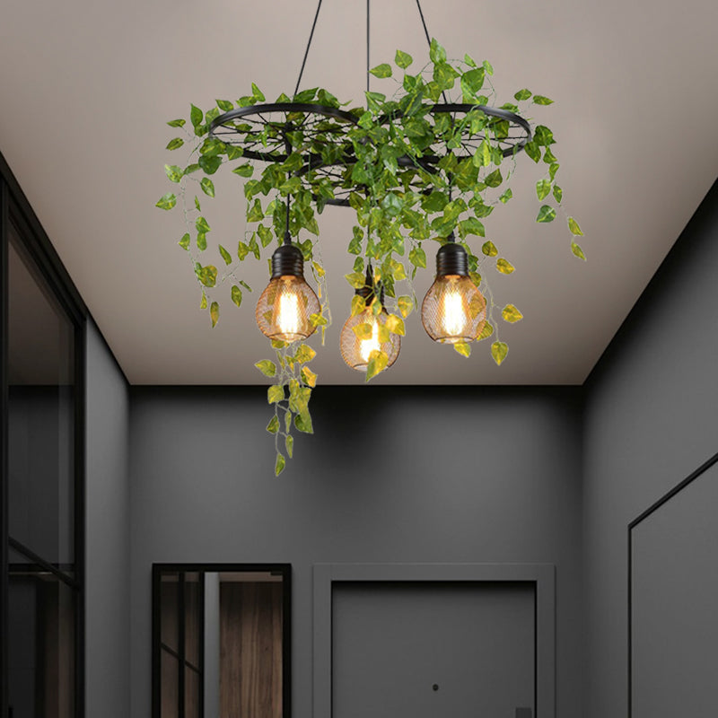 21.5"/35.5" W 3 Heads Metal Cluster Pendant Warehouse Black Wheel and Orb Cage Dining Room Hanging Lamp with Green Vine