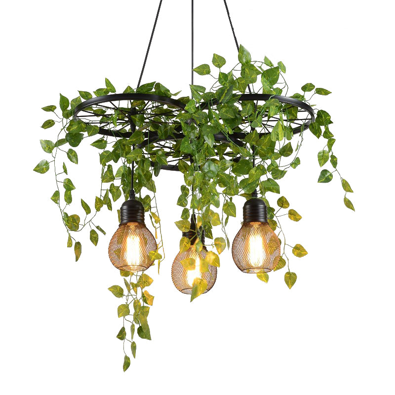 21.5"/35.5" W 3 Heads Metal Cluster Pendant Warehouse Black Wheel and Orb Cage Dining Room Hanging Lamp with Green Vine