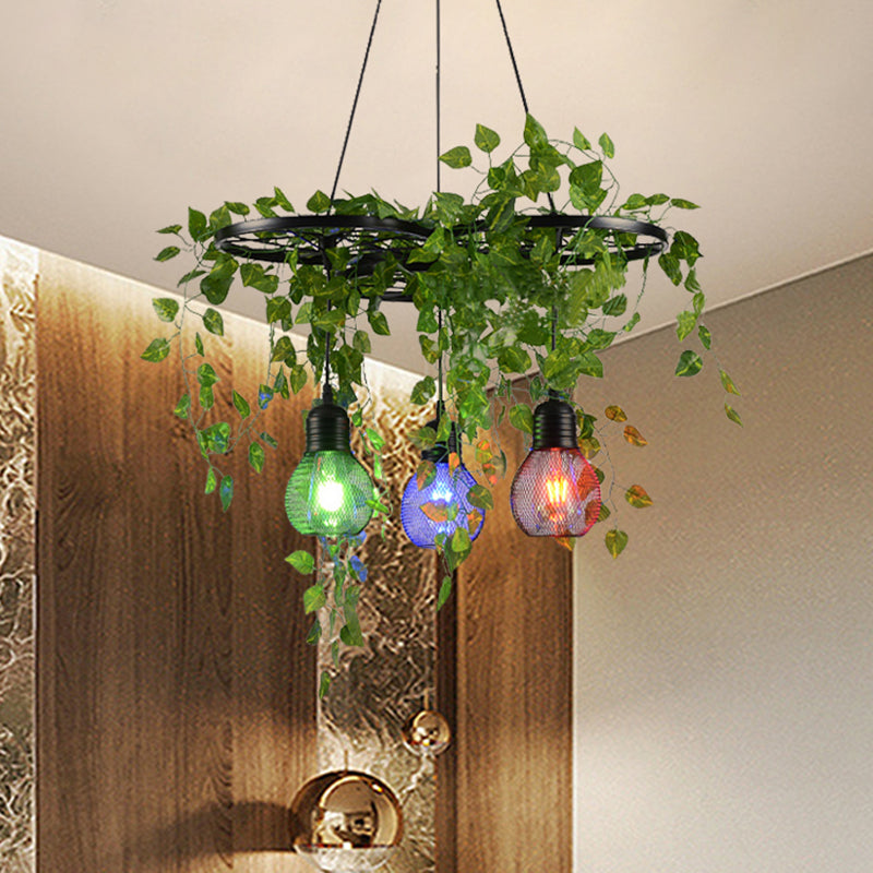 Zwart 3-head cluster Pendant licht Loft Iron Wiel en Globe Cage Down Lighting met groene kunst wijnstok, ronde/lineaire luifel