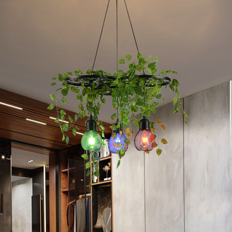 Zwart 3-head cluster Pendant licht Loft Iron Wiel en Globe Cage Down Lighting met groene kunst wijnstok, ronde/lineaire luifel