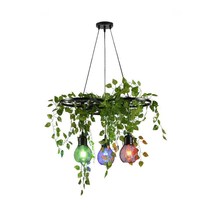 Zwart 3-head cluster Pendant licht Loft Iron Wiel en Globe Cage Down Lighting met groene kunst wijnstok, ronde/lineaire luifel