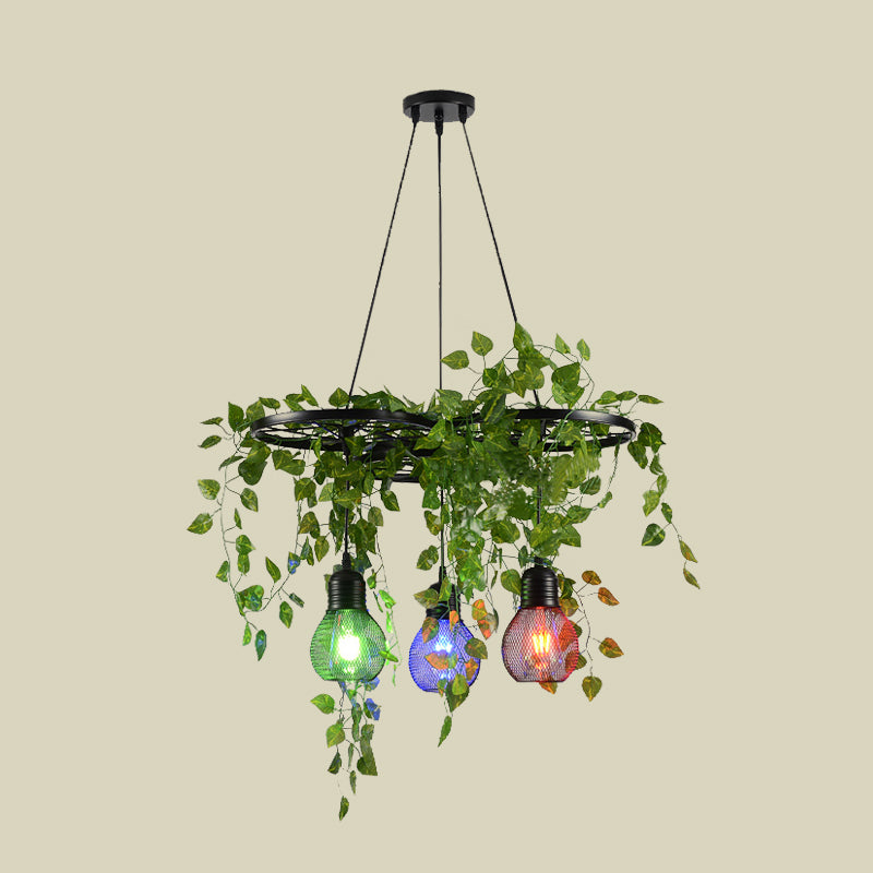 Zwart 3-head cluster Pendant licht Loft Iron Wiel en Globe Cage Down Lighting met groene kunst wijnstok, ronde/lineaire luifel