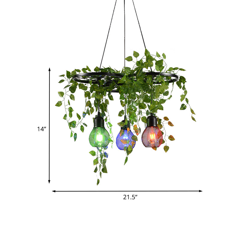 Éclairage à baisse du grenier en fer et de la cage globale à cluster à 3 têtes à 3 têtes avec vigne d'art vert, canopée ronde / linéaire