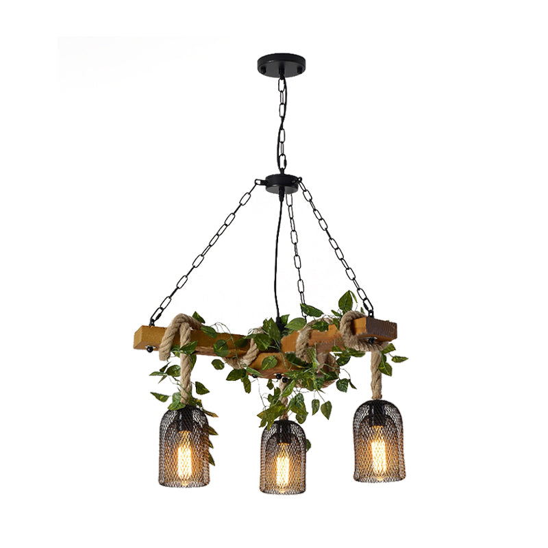 Metal Brown Chandelier Pense Light Cage Cage de 3 cabezas Vintage Cordete Kit de lámpara colgante con rama de madera Decomio