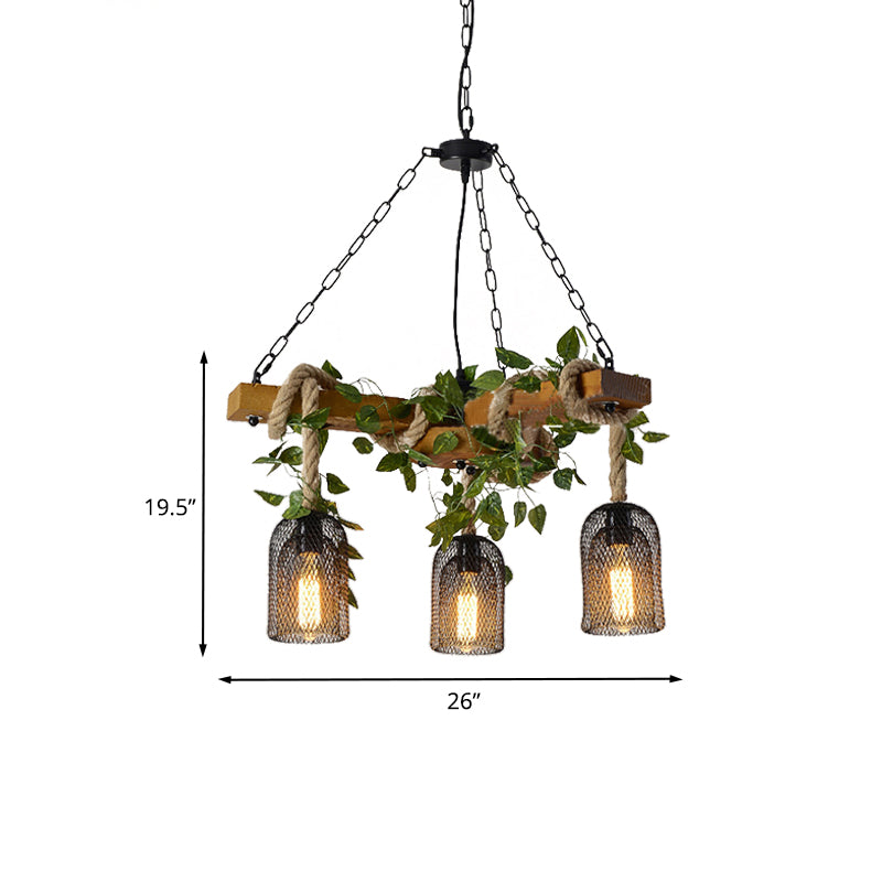 Metal Brown Chandelier Pendant Light Bell Cage 3-Head Vintage Rope Hanging Lamp Kit with Wood Branch Beam Deco