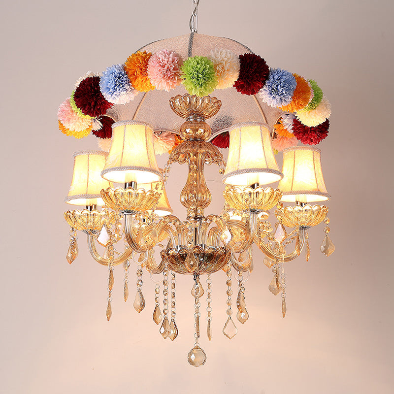 Retro Paneled Bell Suspension Lamp 6-Bulb Fabric Chandelier in Pink with with Crystal Accent and Floral Ball Ornament