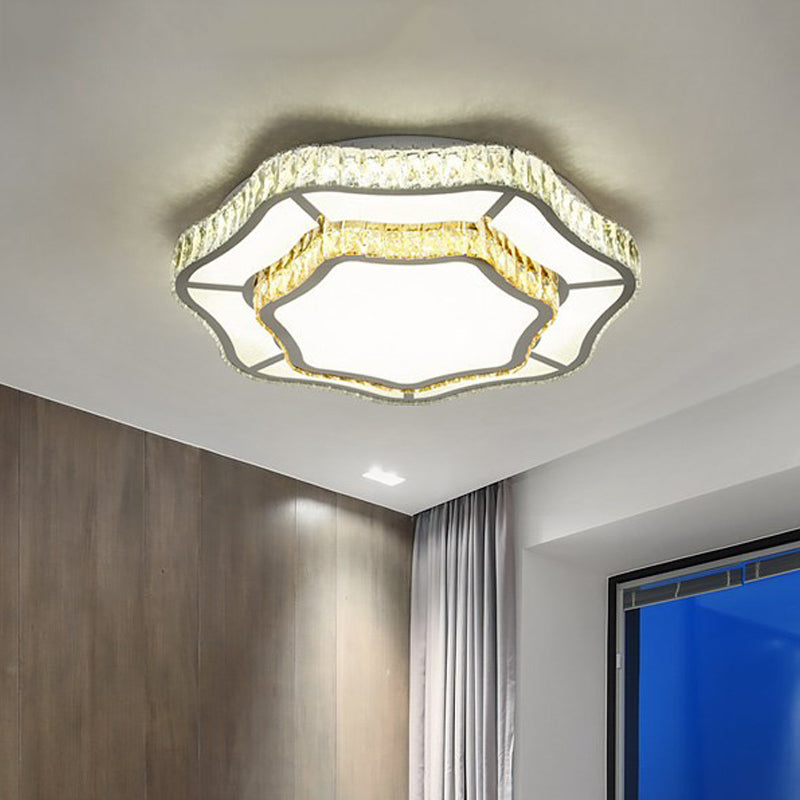 2 Layers Flower LED Flush Light Contemporary Chrome Crystal Ceiling Mounted Lamp for Living Room